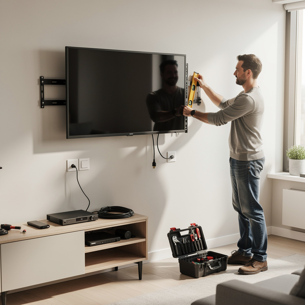 монтаж телевизора на фиксированный кронштейн 24–50 дюймов, установка ТВ на стену, профессиональный монтаж в Москве