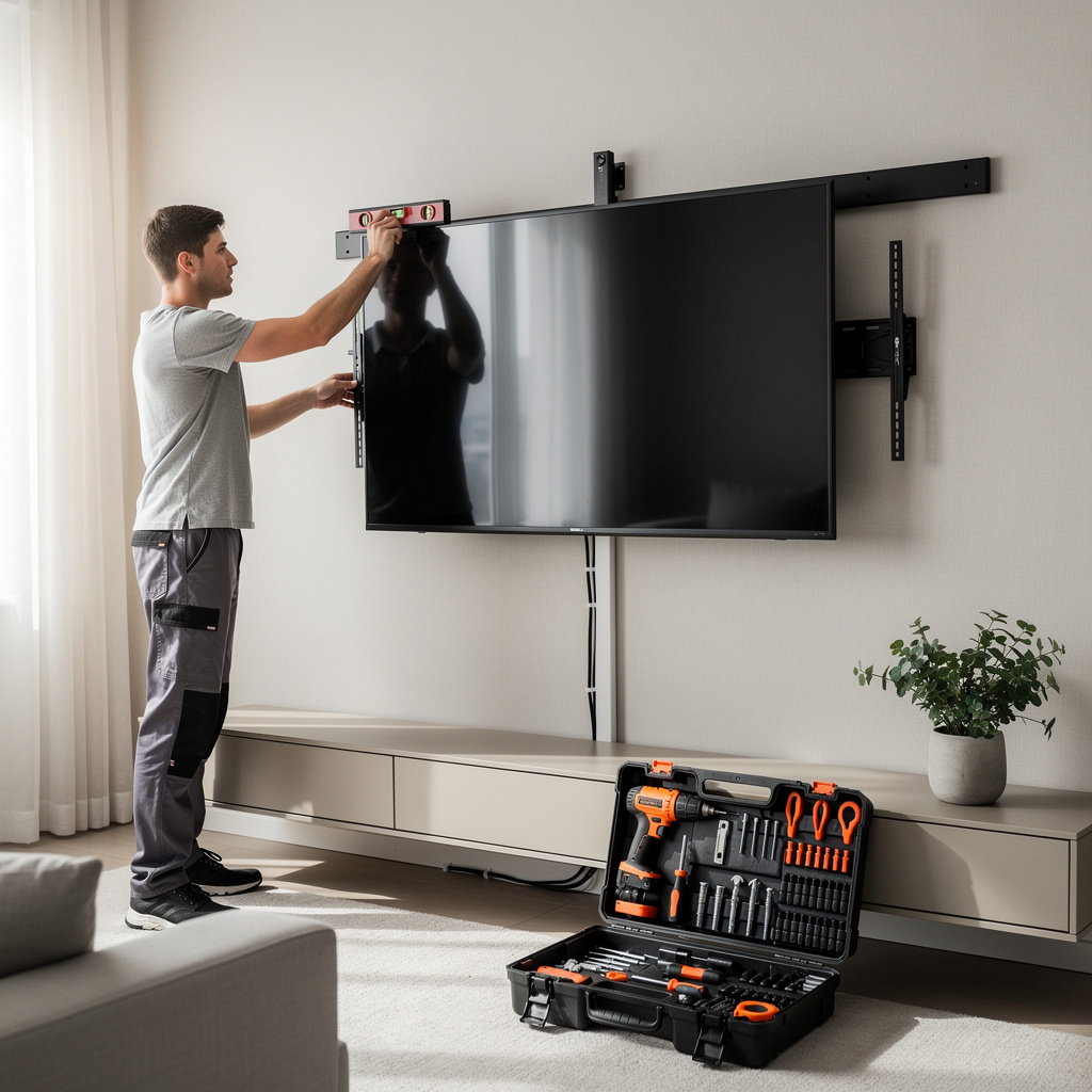 установка телевизора на наклонный кронштейн до 70 дюймов, монтаж ТВ на стену Москва, крепление телевизора под наклоном