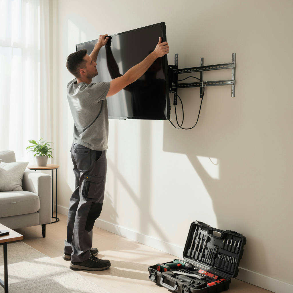 монтаж телевизора на поворотный кронштейн, установка ТВ с регулировкой угла, монтаж телевизора на стене Москва