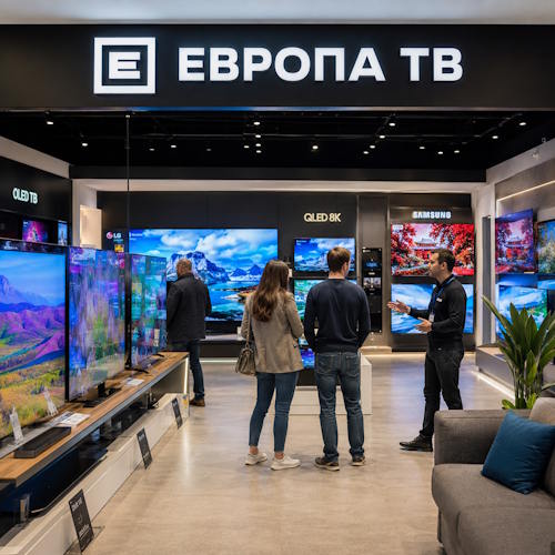 покупатели выбирают телевизор в магазине Европа ТВ